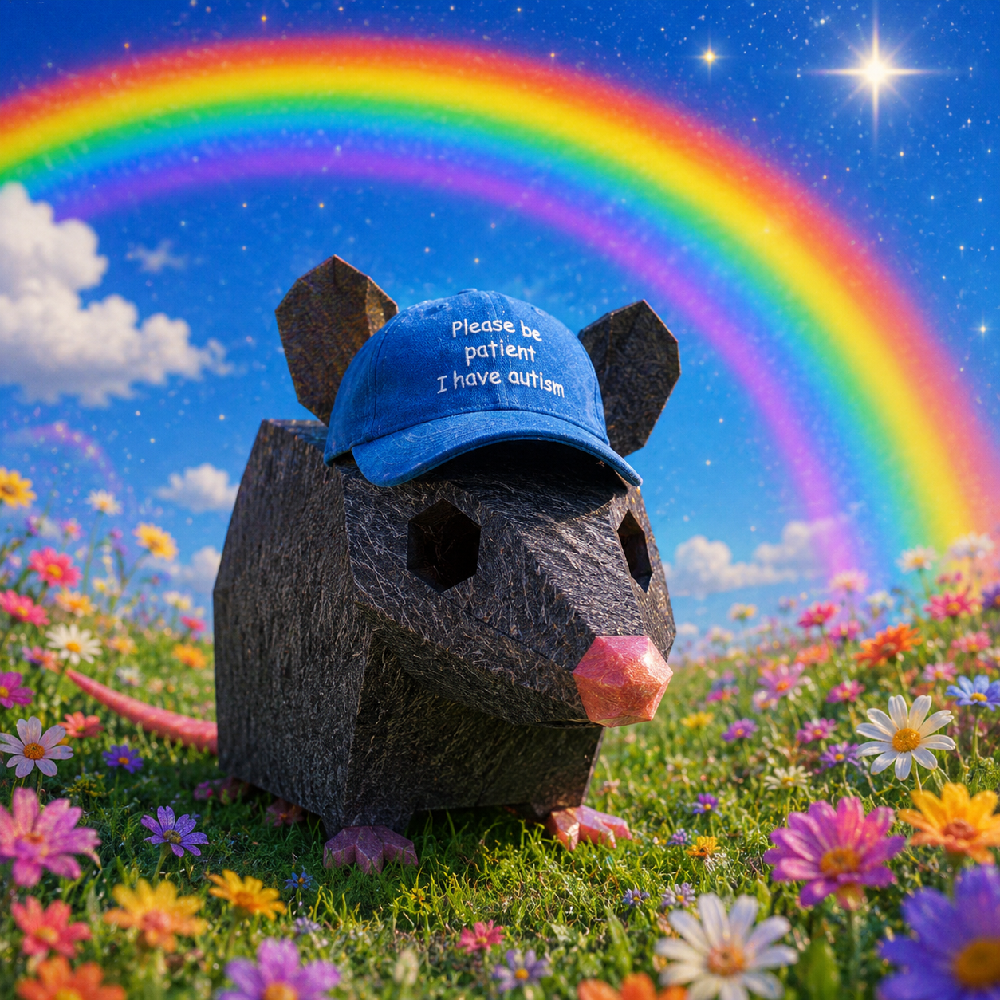 Low-poly black rat with pink nose, pink feet, blue cap that reads please be patient i have autism, in a rainbow flower field